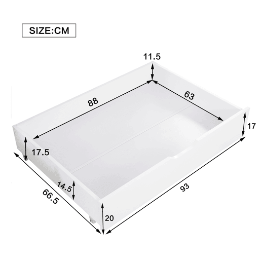 Gavetas para cama 93x66,5x20 cm - 2 gavetas, arrumação debaixo da cama, MDF + rodas, branco