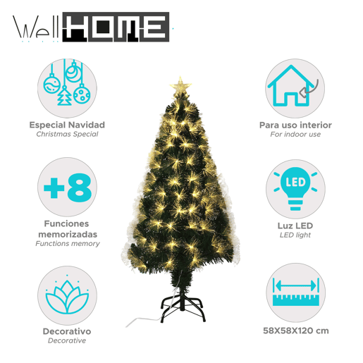 Árvore de Natal de fibra ótica, com 130 luzes LED de cor quente e uma estrela.