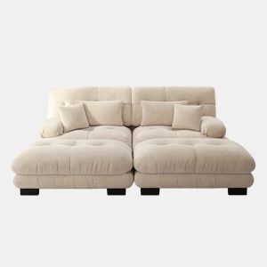 Sofá de canto 2 lugares - Chenille com 2 almofadas lombares, 2 almofadas decorativas, 2 pufes, braço largo - Café