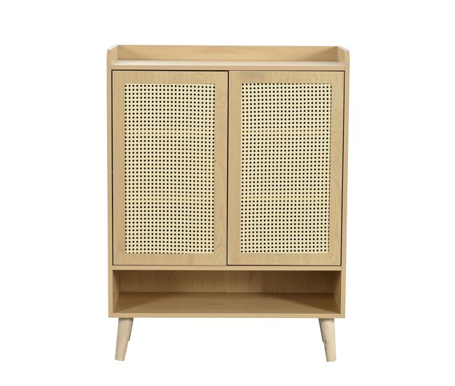Mueble de almacenaje de madera color natural con puertas de ratán trenzado, estilo nórdico, con baldas ajustables y patas estables, ideal para salón,