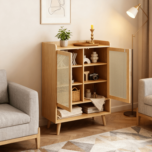 Móvel De Armazenamento Em Madeira Natural Com Portas De Rattan Entrançado, Estilo Nórdico, Com Prateleiras Ajustáveis E Pés De Madeira Estáveis, Ideal Para Sala, Quarto Ou Corredor