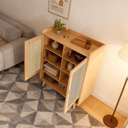 Móvel De Armazenamento Em Madeira Natural Com Portas De Rattan Entrançado, Estilo Nórdico, Com Prateleiras Ajustáveis E Pés De Madeira Estáveis, Ideal Para Sala, Quarto Ou Corredor