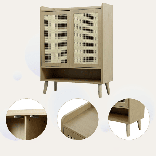 Móvel De Armazenamento Em Madeira Natural Com Portas De Rattan Entrançado, Estilo Nórdico, Com Prateleiras Ajustáveis E Pés De Madeira Estáveis, Ideal Para Sala, Quarto Ou Corredor