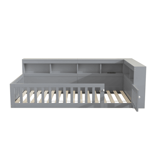 Cama 90x200cm - Cama de dia, Sofá-cama, Lado com arrumação, Com estrado (sem colchão), Com tomada e USB - Cinza