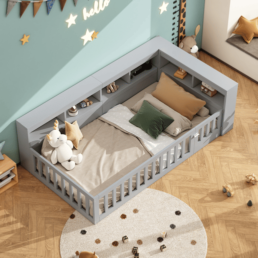 Cama 90x200cm - Cama de dia, Sofá-cama, Lado com arrumação, Com estrado (sem colchão), Com tomada e USB - Cinza