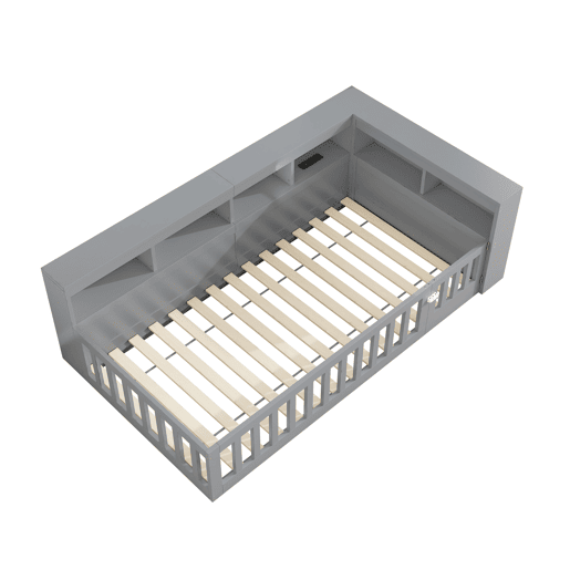 Cama 90x200cm - Cama de dia, Sofá-cama, Lado com arrumação, Com estrado (sem colchão), Com tomada e USB - Cinza