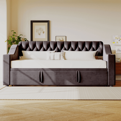 Sofá-cama 90180*190 cm - Braço mais largo e espesso com porta USB, armazenamento integrado nos braços, com bolsos, com estrado - Cinza escuro