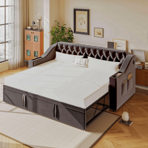 Sofá-cama 90180*190 cm - Braço mais largo e espesso com porta USB, armazenamento integrado nos braços, com bolsos, com estrado - Cinza escuro