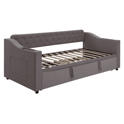 Sofá-cama 90180*190 cm - Braço mais largo e espesso com porta USB, armazenamento integrado nos braços, com bolsos, com estrado - Cinza escuro