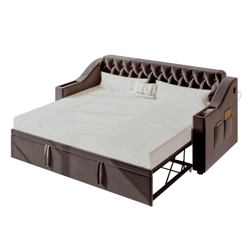 Sofá-cama 90180*190 cm - Braço mais largo e espesso com porta USB, armazenamento integrado nos braços, com bolsos, com estrado - Cinza escuro
