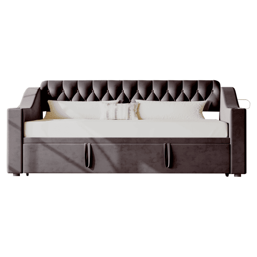 Sofá-cama 90180*190 cm - Braço mais largo e espesso com porta USB, armazenamento integrado nos braços, com bolsos, com estrado - Cinza escuro