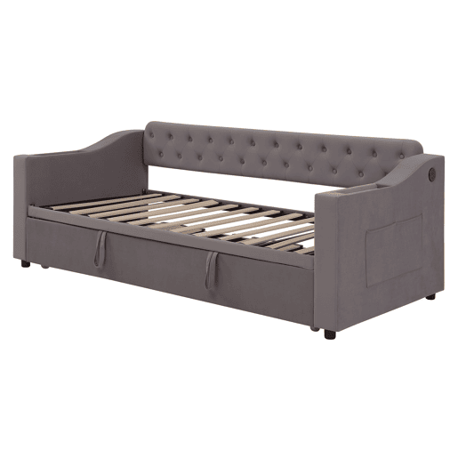 Sofá-cama 90180*190 cm - Braço mais largo e espesso com porta USB, armazenamento integrado nos braços, com bolsos, com estrado - Cinza escuro