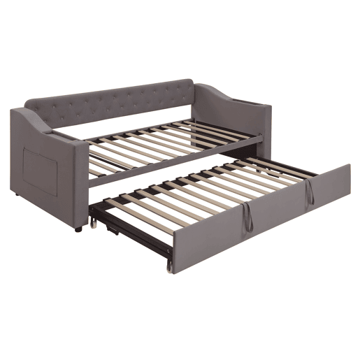 Sofá-cama 90180*190 cm - Braço mais largo e espesso com porta USB, armazenamento integrado nos braços, com bolsos, com estrado - Cinza escuro