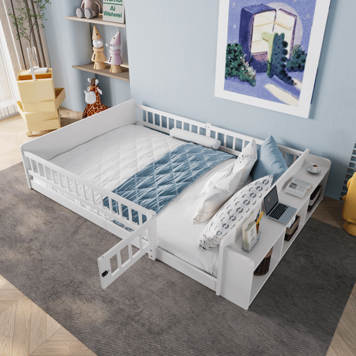 Cama infantil 140x200cm - Madeira de pinho, arrumação aberta, prateleiras, estrutura desmontável - Branco