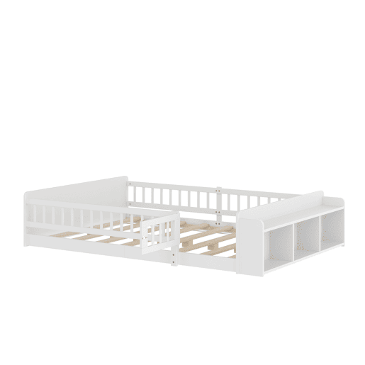 Cama infantil 140x200cm - Madeira de pinho, arrumação aberta, prateleiras, estrutura desmontável - Branco