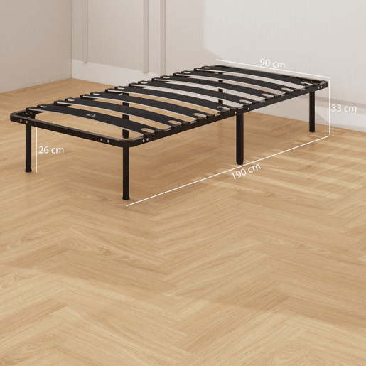 HOMCOM Estrutura de Cama 90x190 cm Altura 26 cm Plataforma de Aço com Espaço de Armazenamento em Madeira de Álamo Fácil de Montar Capacidade 300 kg Preto