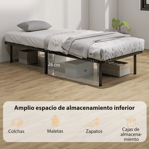 HOMCOM Estrutura de Cama 90x190 cm Altura 26 cm Plataforma de Aço com Espaço de Armazenamento em Madeira de Álamo Fácil de Montar Capacidade 300 kg Preto