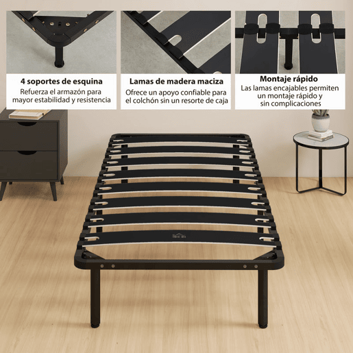 HOMCOM Estrutura de Cama 90x190 cm Altura 26 cm Plataforma de Aço com Espaço de Armazenamento em Madeira de Álamo Fácil de Montar Capacidade 300 kg Preto