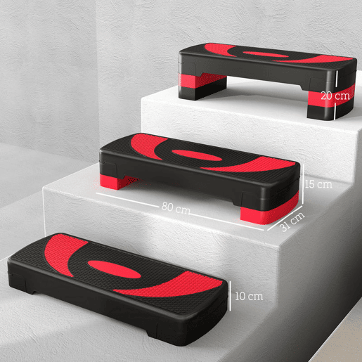 HOMCOM Step para Exercício Aeróbico Plataforma Step com Altura Ajustável em 3 Níveis com Carga Máxima 150kg para Exercício em Academia Casa 80x31x10-20 cm Vermelho e Preto