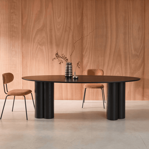 Mesa de jantar oval de madeira e folheado de carvalho para 8 lugares, Leonore, Preto, 220x110x73 cm