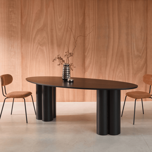 Mesa de jantar oval de madeira e folheado de carvalho para 8 lugares, Leonore, Preto, 220x110x73 cm