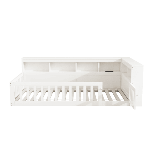 Cama 90x200cm - Sofá-cama, com compartimento de arrumação, com estrado (sem colchão), com tomada e USB - Branco