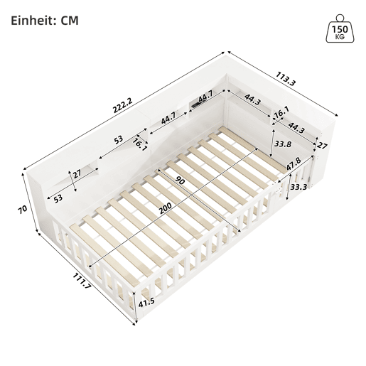 Cama 90x200cm - Sofá-cama, com compartimento de arrumação, com estrado (sem colchão), com tomada e USB - Branco