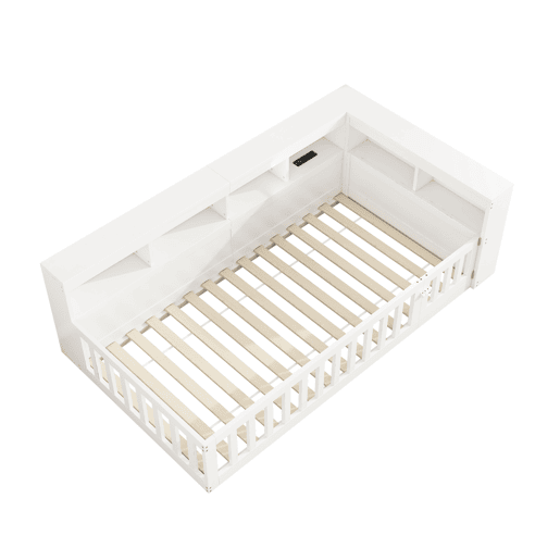 Cama 90x200cm - Sofá-cama, com compartimento de arrumação, com estrado (sem colchão), com tomada e USB - Branco