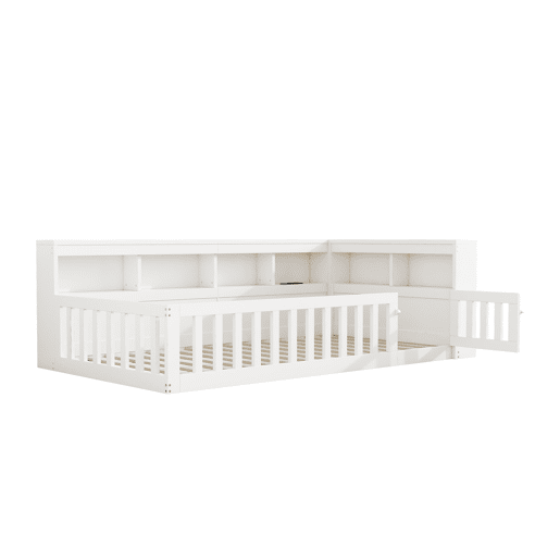 Cama 90x200cm - Sofá-cama, com compartimento de arrumação, com estrado (sem colchão), com tomada e USB - Branco