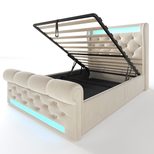 Cama individual 90x200cm - Cama estofada com luzes LED, cabeceira com arrumação e portas USB e Tipo-C, cama hidráulica, bege