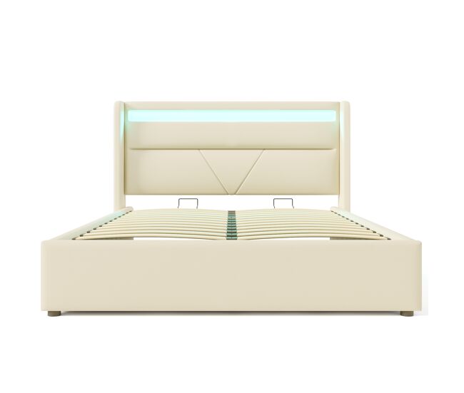 Cama tapizada 140x200 - cama funcional con iluminación led y base hidráulica - blanco