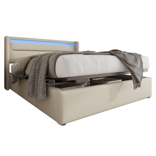 Cama estofada 140x200 - Cama funcional com iluminação LED e base hidráulica - Branco Cama estofada 140x200 - Cama funcional com iluminação LED e base hidráulica - Branco