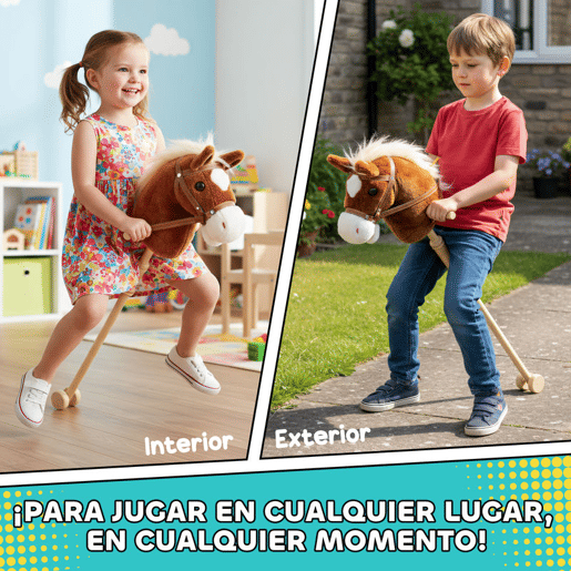 AIYAPLAY Cavalo com Pau de Madeira Sons e Rodas Cavalo de Brinquedo 95x25x27 cm Castanho