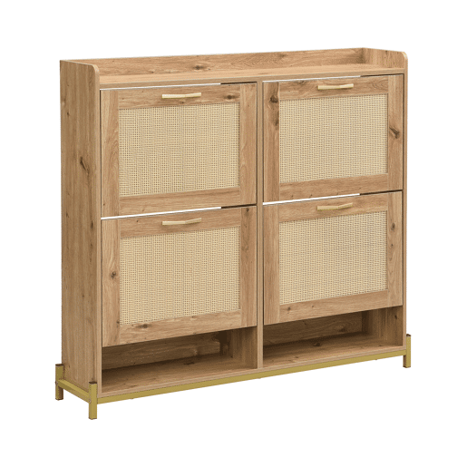 Sapateira Grande Em Madeira Tom Carvalho Com Portas Basculantes De Rattan Natural, Estilo Nórdico, Com Grande Capacidade De Armazenamento E Design Moderno, Ideal Para Hall De Entrada, Quarto Ou Corredor