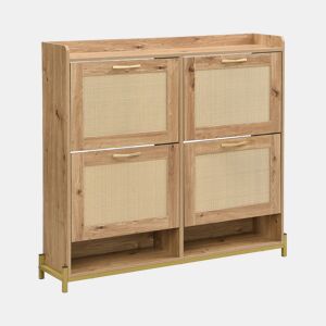 Sapateira Grande Em Madeira Tom Carvalho Com Portas Basculantes De Rattan Natural, Estilo Nórdico, Com Grande Capacidade De Armazenamento E Design Moderno, Ideal Para Hall De Entrada, Quarto Ou Corredor