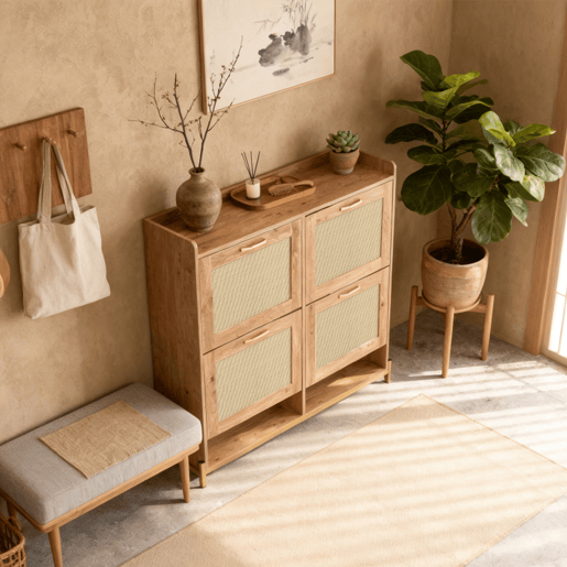 Sapateira Grande Em Madeira Tom Carvalho Com Portas Basculantes De Rattan Natural, Estilo Nórdico, Com Grande Capacidade De Armazenamento E Design Moderno, Ideal Para Hall De Entrada, Quarto Ou Corredor