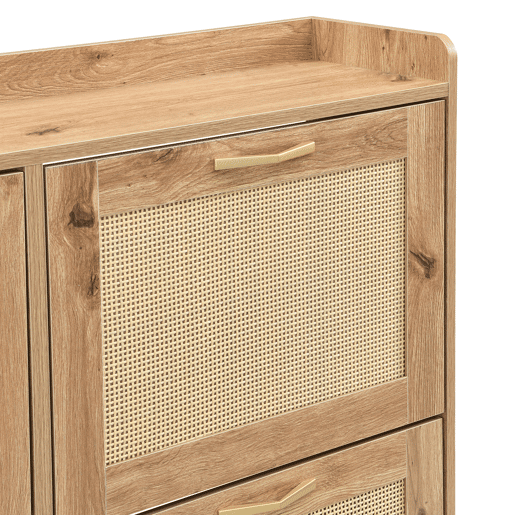 Sapateira Grande Em Madeira Tom Carvalho Com Portas Basculantes De Rattan Natural, Estilo Nórdico, Com Grande Capacidade De Armazenamento E Design Moderno, Ideal Para Hall De Entrada, Quarto Ou Corredor