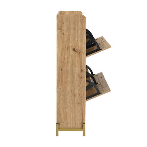 Sapateira Grande Em Madeira Tom Carvalho Com Portas Basculantes De Rattan Natural, Estilo Nórdico, Com Grande Capacidade De Armazenamento E Design Moderno, Ideal Para Hall De Entrada, Quarto Ou Corredor