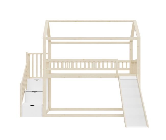Cama alta infantil 90x200 cm - con tobogán, escalera con almacenamiento, barandilla alta, estructura madera maciza, somier - color madera