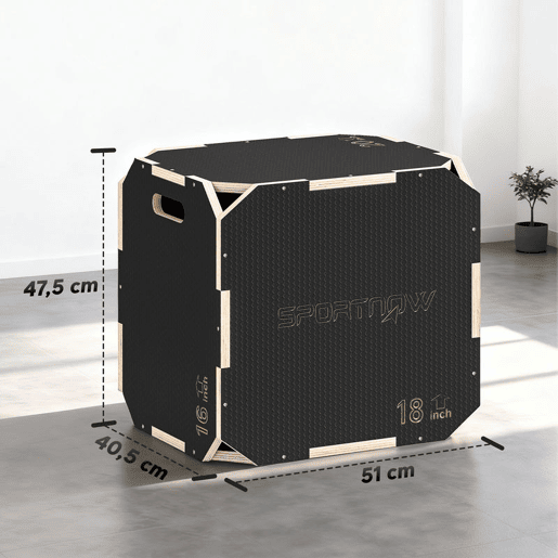 SPORTNOW Caixa Pliométrica de Madeira 3 em 1 Plataforma de Caixa Pliométrica com 3 Alturas Diferentes Alças Sem Cantos Treino de Salto Força em Casa Ginásio e Exterior 51x47,5x40,5 cm Preto