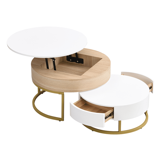 Mesa De Centro Redonda Dupla Com Tampa Elevatória E Gaveta De Arrumação, Estrutura Metálica Dourada E Tampo De MDF Em Branco E Carvalho Claro, Design Moderno E Funcional Para Sala De Estar