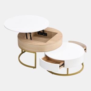 Mesa De Centro Redonda Dupla Com Tampa Elevatória E Gaveta De Arrumação, Estrutura Metálica Dourada E Tampo De MDF Em Branco E Carvalho Claro, Design Moderno E Funcional Para Sala De Estar