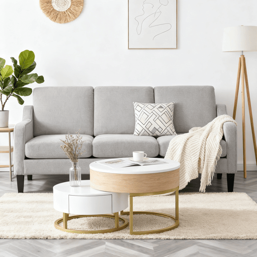 Mesa De Centro Redonda Dupla Com Tampa Elevatória E Gaveta De Arrumação, Estrutura Metálica Dourada E Tampo De MDF Em Branco E Carvalho Claro, Design Moderno E Funcional Para Sala De Estar