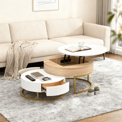 Mesa De Centro Redonda Dupla Com Tampa Elevatória E Gaveta De Arrumação, Estrutura Metálica Dourada E Tampo De MDF Em Branco E Carvalho Claro, Design Moderno E Funcional Para Sala De Estar