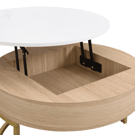 Mesa De Centro Redonda Dupla Com Tampa Elevatória E Gaveta De Arrumação, Estrutura Metálica Dourada E Tampo De MDF Em Branco E Carvalho Claro, Design Moderno E Funcional Para Sala De Estar