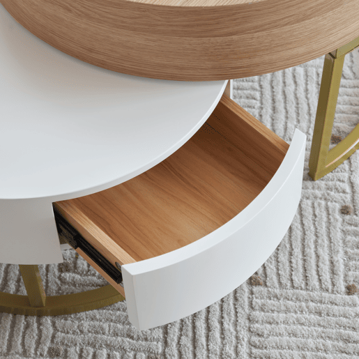 Mesa De Centro Redonda Dupla Com Tampa Elevatória E Gaveta De Arrumação, Estrutura Metálica Dourada E Tampo De MDF Em Branco E Carvalho Claro, Design Moderno E Funcional Para Sala De Estar