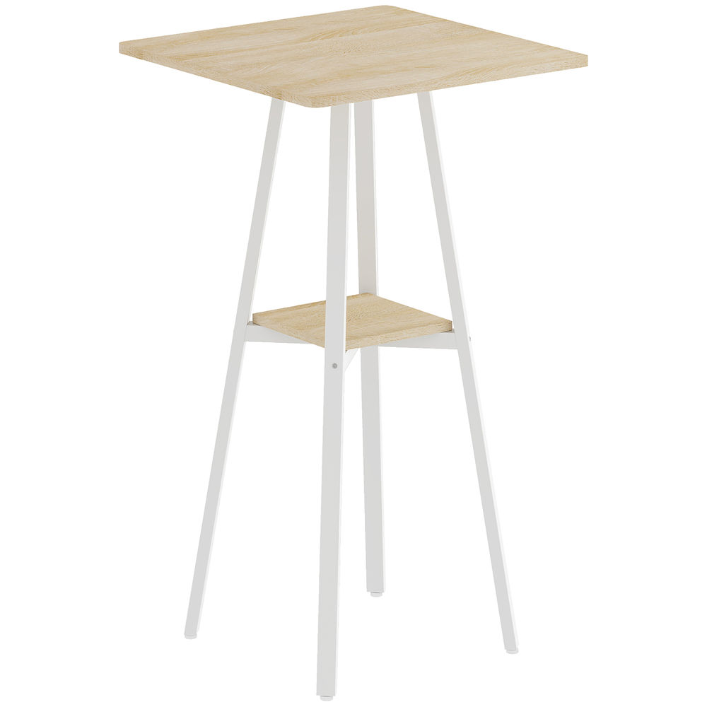 Homcom mesa alta cocina cuadrada con estante de almacenamiento, mesa alta bar moderna para 2 personas con marco de metal para salón y comedor, 55x55x95 cm, madera natural y blanco