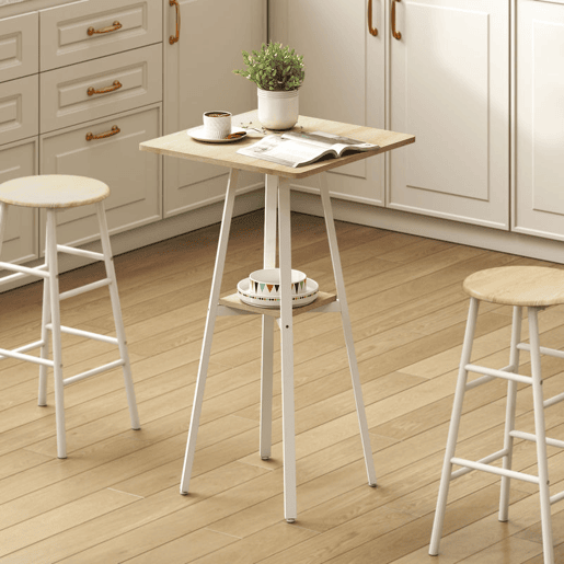 HOMCOM Mesa Alta de Cozinha Quadrada com Prateleira Mesa Alta de Bar para 2 Pessoas Pernas de Metal 55x55x95 cm Madeira e Branco