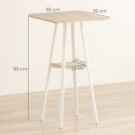 HOMCOM Mesa Alta de Cozinha Quadrada com Prateleira Mesa Alta de Bar para 2 Pessoas Pernas de Metal 55x55x95 cm Madeira e Branco