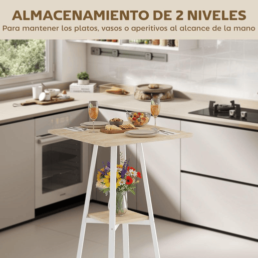 HOMCOM Mesa Alta de Cozinha Quadrada com Prateleira Mesa Alta de Bar para 2 Pessoas Pernas de Metal 55x55x95 cm Madeira e Branco